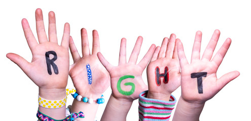 Children Hands Building Colorful English Word Right. White Isolated Background