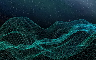 Fototapeta premium Abstract landscape on a dark background. Cyberspace grid. hi tech network. Outer space. Starry outer space texture. 3D illustration