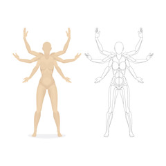 Sketch drawing female with six hands. Multitasking concept hand drawing vector illustration. Part of set.