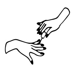 Vector hand-drawn doodle with hands doing manicure.