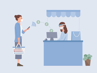 People wearing a surgical mask and holding Shopping basket using Mobile Payment to pay Money online to sending money into drawer of Cash register at the cashier of a shopping mall. The new normal.