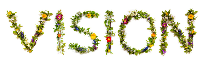 Flower, Branches And Blossom Letter Building English Word Vision. White Isolated Background