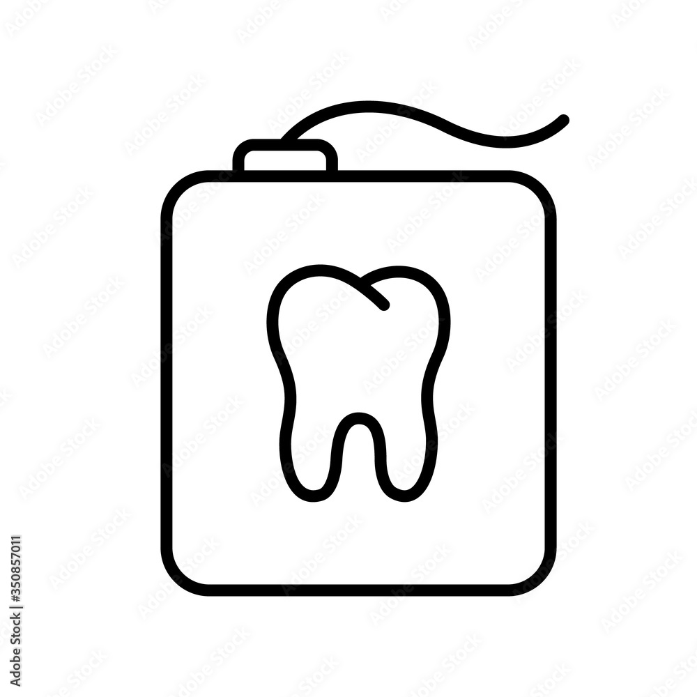Poster teeth floss in rectangular case with tooth shape. linear icon of dental floss in container. black si