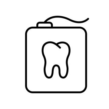Teeth floss in rectangular case with tooth shape. Linear icon of dental floss in container. Black simple illustration of daily oral care. Contour isolated vector image on white background