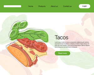 Taco vector cartoon landing page template. Hand drawn traditional Mexican fastfood.