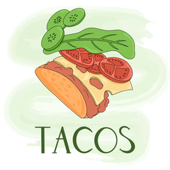 Taco vector cartoon card design with hand drawn lettering. Hand drawn traditional Mexican fastfood.