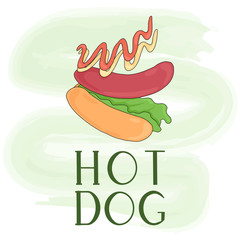 American hot dog vector cartoon card design. Bright fastfood with bun, sausage, leaves lettuce, ketchup, and mustard.