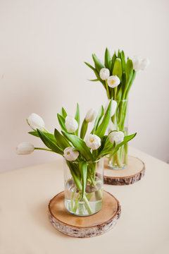 Fresh spring white tulips in glass