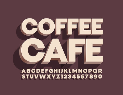 Vector minimalist emblem Coffee Cafe with Brown 3D Font. Modern Alphabet Letters and Numbers