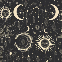 Vintage retro vintage engraving style. image of the sun and moon phases. culture of accultism. Vector graphics - obrazy, fototapety, plakaty