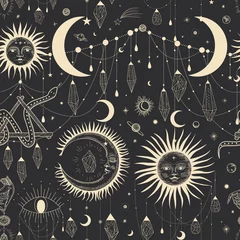 Fotobehang Vintage retro vintage engraving style. image of the sun and moon phases. culture of accultism. Vector graphics © chikovnaya