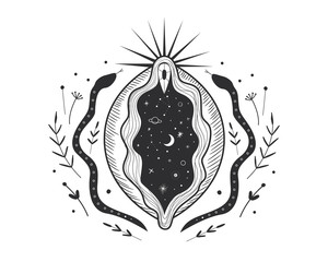 abstract image of a vagina. outer space, planets, moon and stars. snake tempter and plant herbs. printing on fabric and paper. radical femenism. vector