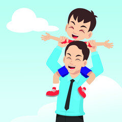 A father give a shoulder ride to his son