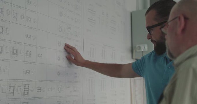 Two collaborators talking during examining the project plan on a wall