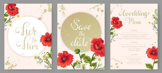 Wedding invitation cards with poppies and daisies. Set of cards. Save the date, Her and Him,  Wedding menu.