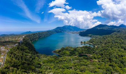 Naklejka na ściany i meble Panoramic aerial view of beautiful twin lakes in an ancient volcanic caldera (Lakes Buyan and Tamblingan, Bali, Indonesia)