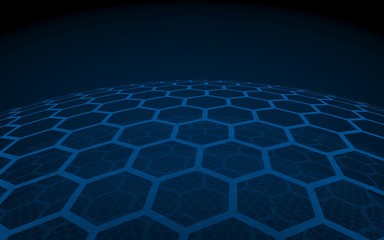 Multilayer sphere of honeycombs, green on a dark background, social network, computer network, technology, global network. 3D illustration