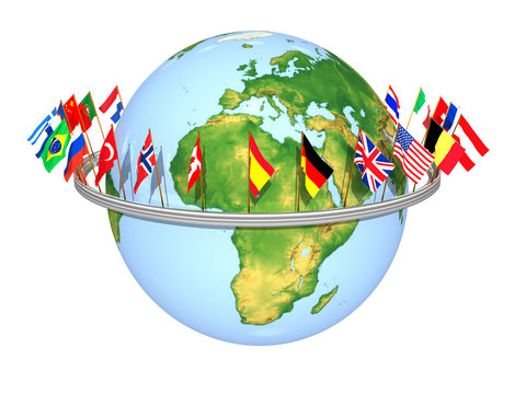 3d Globus mit Flaggen und Banner, freigestellt