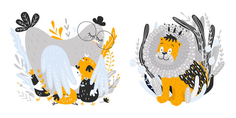 Cute illustration of mom of hen and children of chickens for printing on a poster for the design of a children's room. favorite characters of children. love and peace. Vector graphics
