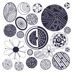Hand drawn ornamental circles collection. Vector isolated decorative elements isolated on white background. Rounded geometric shapes.