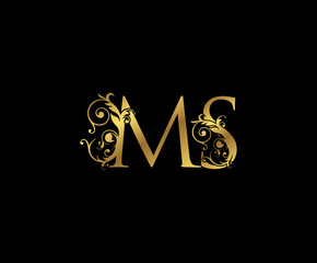 Luxury Gold M, S and MS Letter Floral logo. Vintage Swirl drawn emblem for weeding card, brand name, letter stamp, Restaurant, Boutique, Hotel.