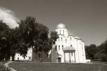 Obraz premium Boris and Gleb Cathedral or Borisoglebsky Cathedral. Famous architectural monument of the pre-Mongol period. Chernihiv city. Film grain.