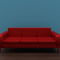 Interior Design Red Sofa Dark Oak Floor Blue Wall