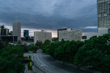 Fototapeta premium Traffic and buildings on the Street, in the Financial District, Los Angeles, California.