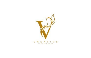 Letter V Linked Artistic Gold Flourish Swoosh Shape Logo