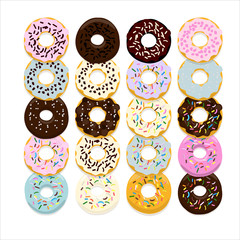 Fototapeta na wymiar Sweet donut set of traditional american sweet dessert with colorful glaze and sprinkles isolated on a white for menu design, cafe decoration, delivery box. Vector illustration