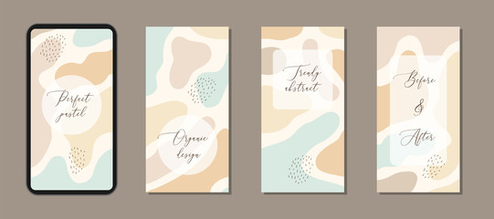 Fototapeta na wymiar Beautiful feminine set of vertical social media post templates with minimal abstract organic shapes composition in trendy contemporary collage style