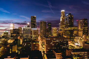 Downtown Los Angeles skyline at night.