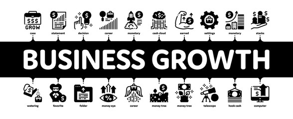 Business Growth And Management Minimal Infographic Web Banner Vector. Business Case With Dollar Sign, Rocket And Wings, Brain And Muscle Concept, Grow Arrow Statistic Illustrations