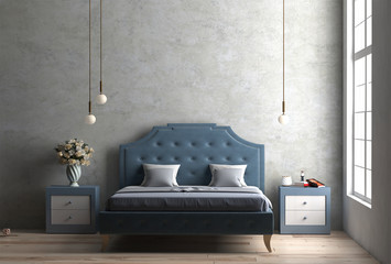 3d rendering of contemporary bedroom interior design with blue bed and concrete wall
