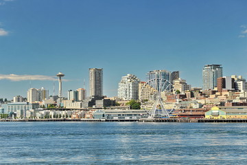 Fototapeta na wymiar Seattle panorama on a summer sunny day. Down town of Washington state capital.