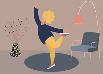 Vector illustration of Woman character dancing at home. Simple flat style girl in a room. Home interior, chair, lamp, plant, flowers. Cozy modern trendy interior. Self-isolation, positive attitude.