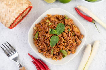 Spicy minced pork in a white plate.