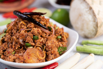 Spicy minced pork in a white plate.