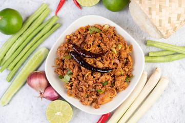 Spicy minced pork in a white plate.