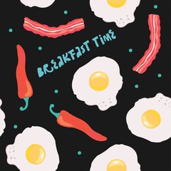 Seamless vector pattern elements of the food. Breakfast-eggs, bread, bacon. - 350867005