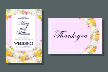 Set of wedding, greeting cards in delicate color with a frame of small spring flowers. Periwinkle. Vector stock illustration eps 10.