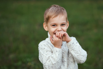 Portrait of a little boy 5 years old. Photo taken outdoors in the forest. Happy baby smiling