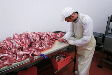 Image of a worker in meat factory, chopped a fresh beef meat in pieces on work table, industry of processing.