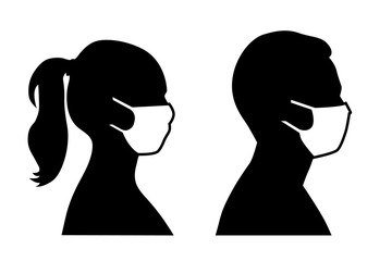 Set of black and white vector icons of a man and a woman wearing protective face mask  - covid-19 safety measures, restriction, covering face to prevent spread of the virus