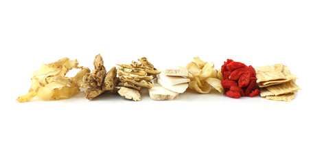 Group of chinese medicine herbals on white background