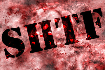 SHTF text in stencil letters on abstract blood and coronavirus background. 3D digital illustration. Horizontal banner. Video title screen, podcast or web background, information poster or infographic.
