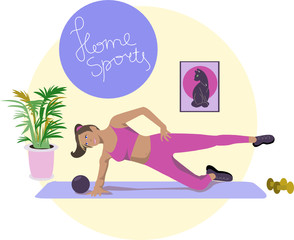Vector illustration of a home fitness. A girl in a tracksuit plays sports at home. Workout.