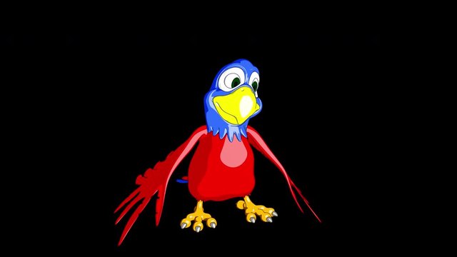 Smart Cartoon Parrot Character Presenting in Alpha Channel Isolated Landing from sky and presenting very smartly 4K UHD Transparent Background