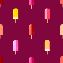 Simple flat ice cream on dark red-purple background. Summer fresh tasty seamless pattern.
