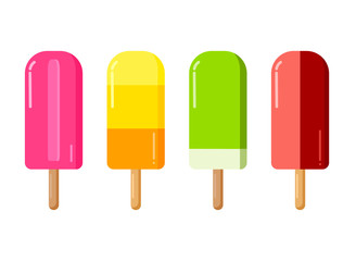 Flat yummy ice creams on white isolated background. Tastes of different fruits and berries. Summer fresh set.